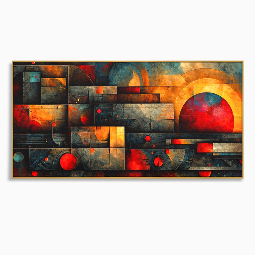 Tablou canvas cu tablou canvas cu forme geometrice abstracte, in rama de aluminiu auriu